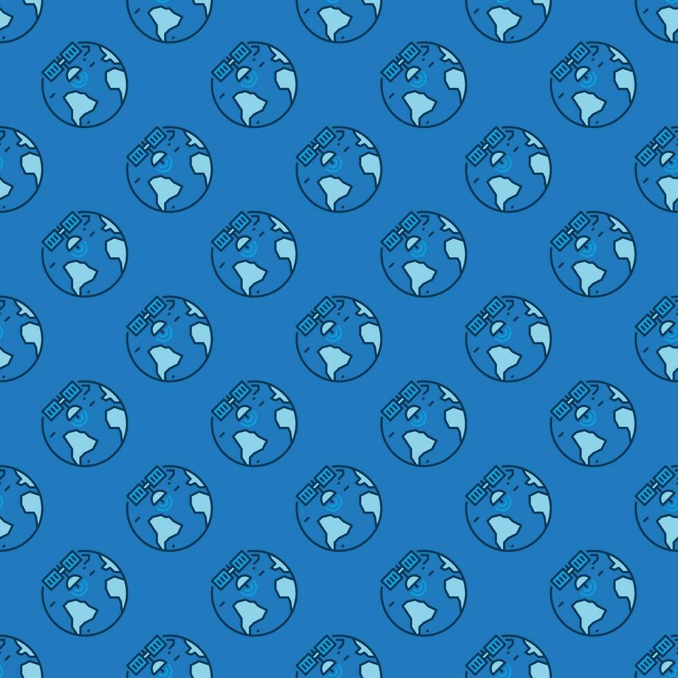 Vector Satellite Internet Access seamless pattern - Earth Planet and Satellite blue background