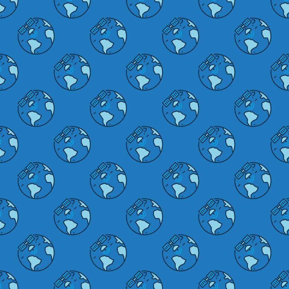 Vector Satellite Internet Access seamless pattern - Earth Planet and Satellite blue background