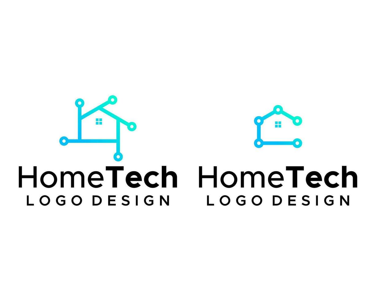Real estate house and technology connection logo design. vector