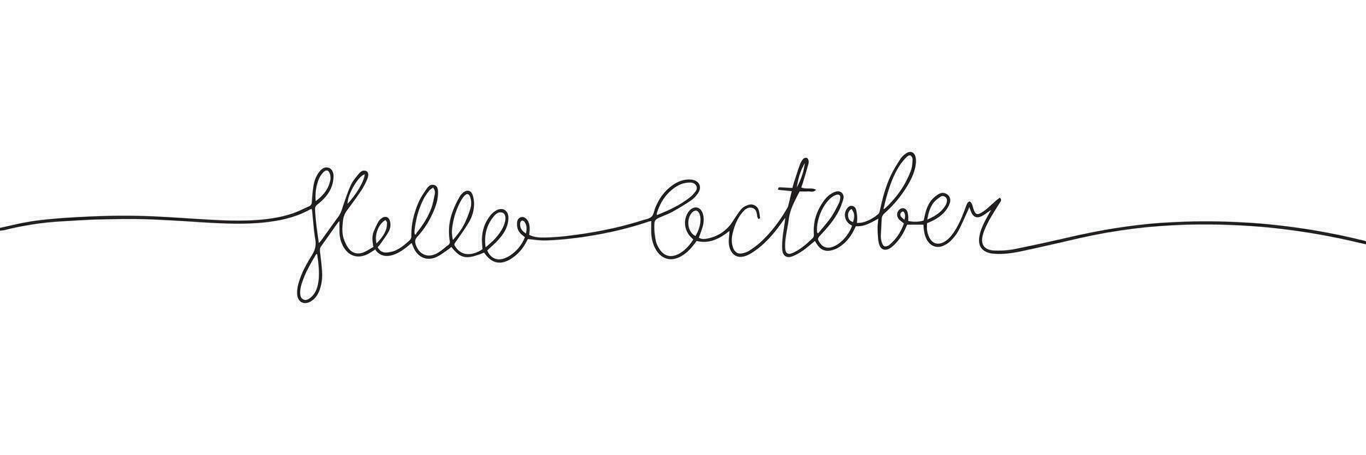 Hello October one line continuous text. Line art Autumn banner concept. Handwriting, outline vector illustration.