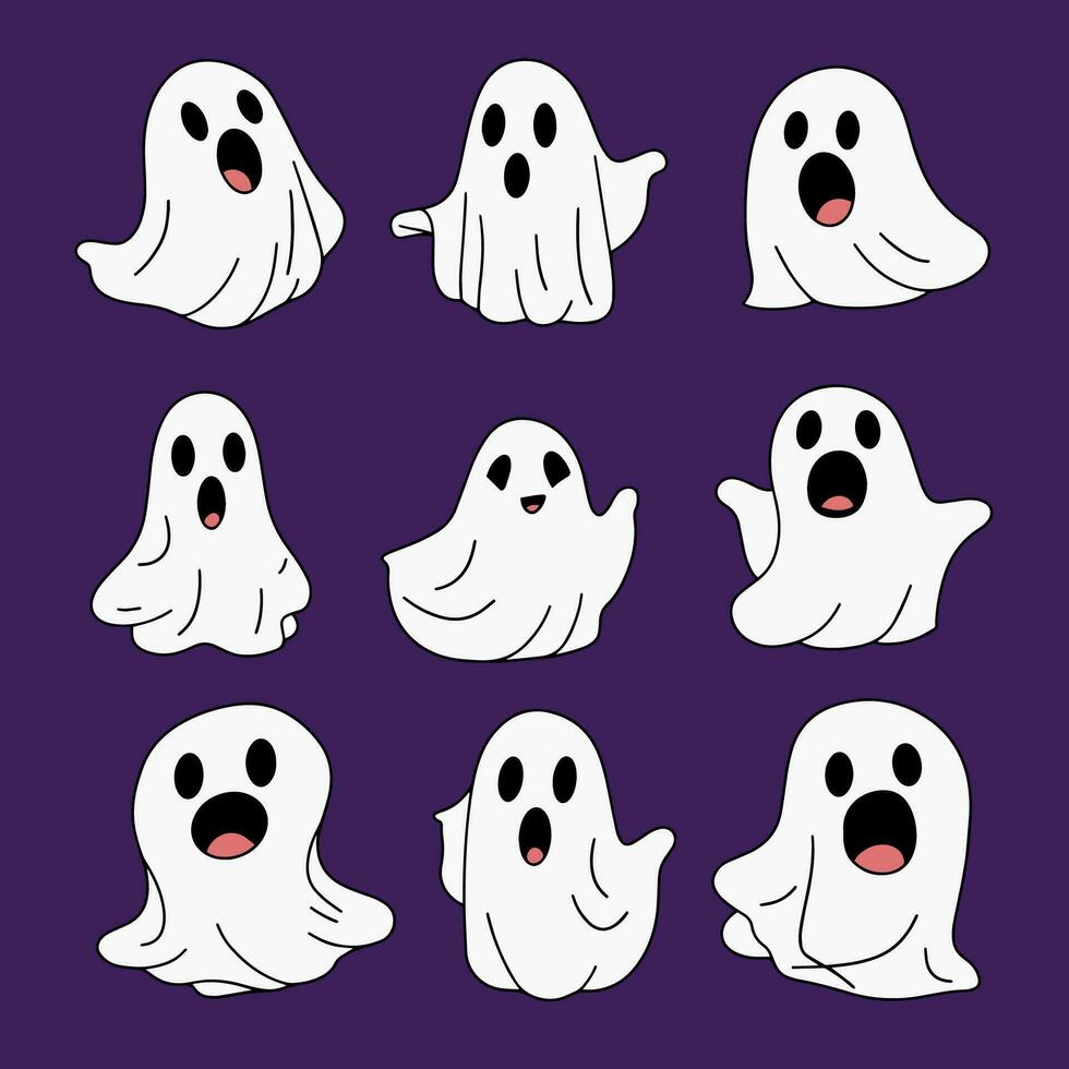 Set of cute ghosts isolated on white background. Cute Halloween decor. Ghost vector illustration.