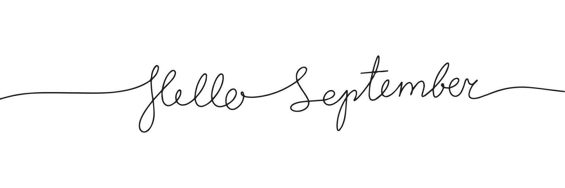Hello September one line continuous text. Line art Autumn banner concept. Handwriting, outline vector illustration.