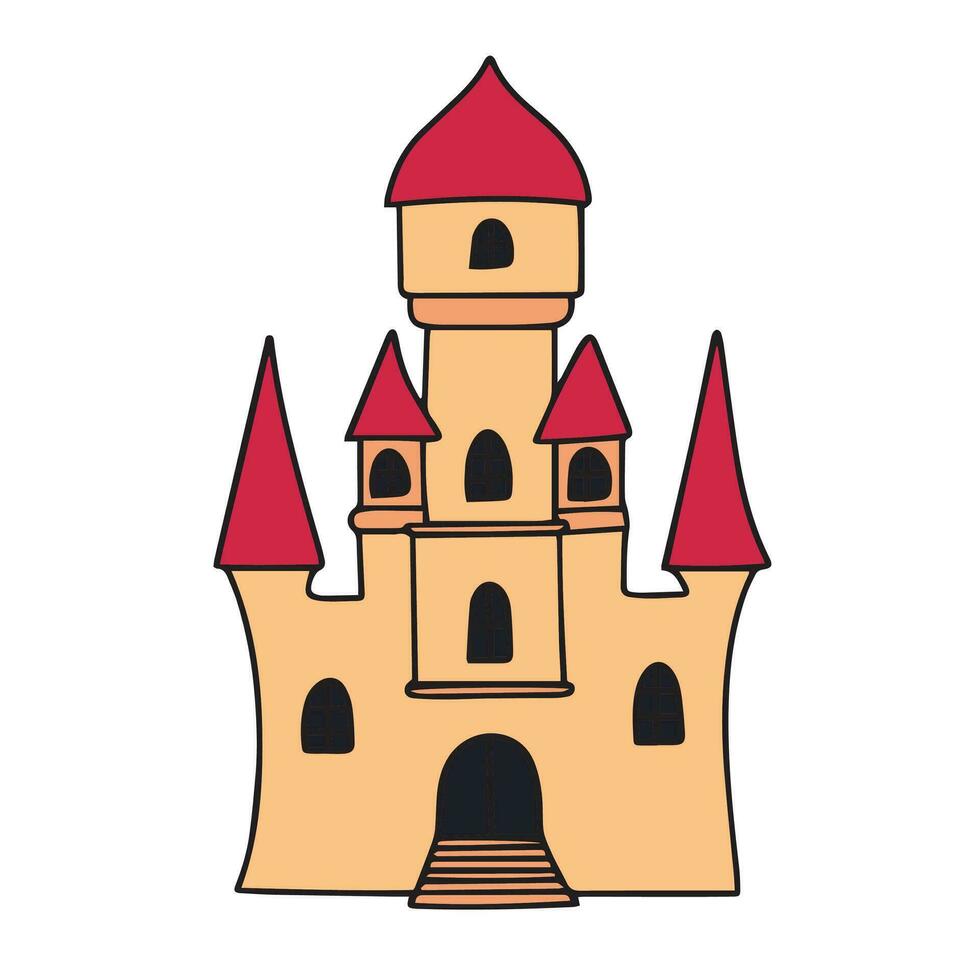 Minimal castle in doodle style, colorful. Castle isolated on white background. Vector illustration.