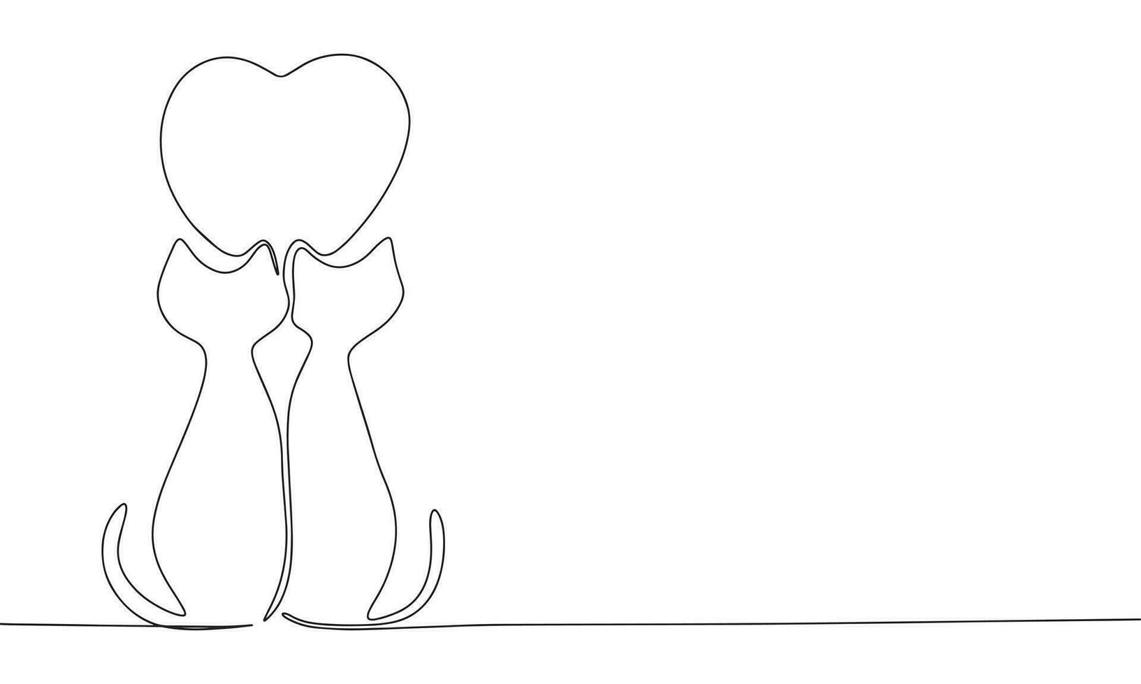 One line continuous cats and heart symbol. Line art love banner concept. Hand drawn, outline vector illustration.