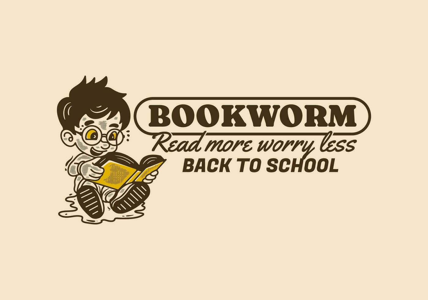 Bookworm, read more worry less, illustration of a little boy sitting and reading a book vector