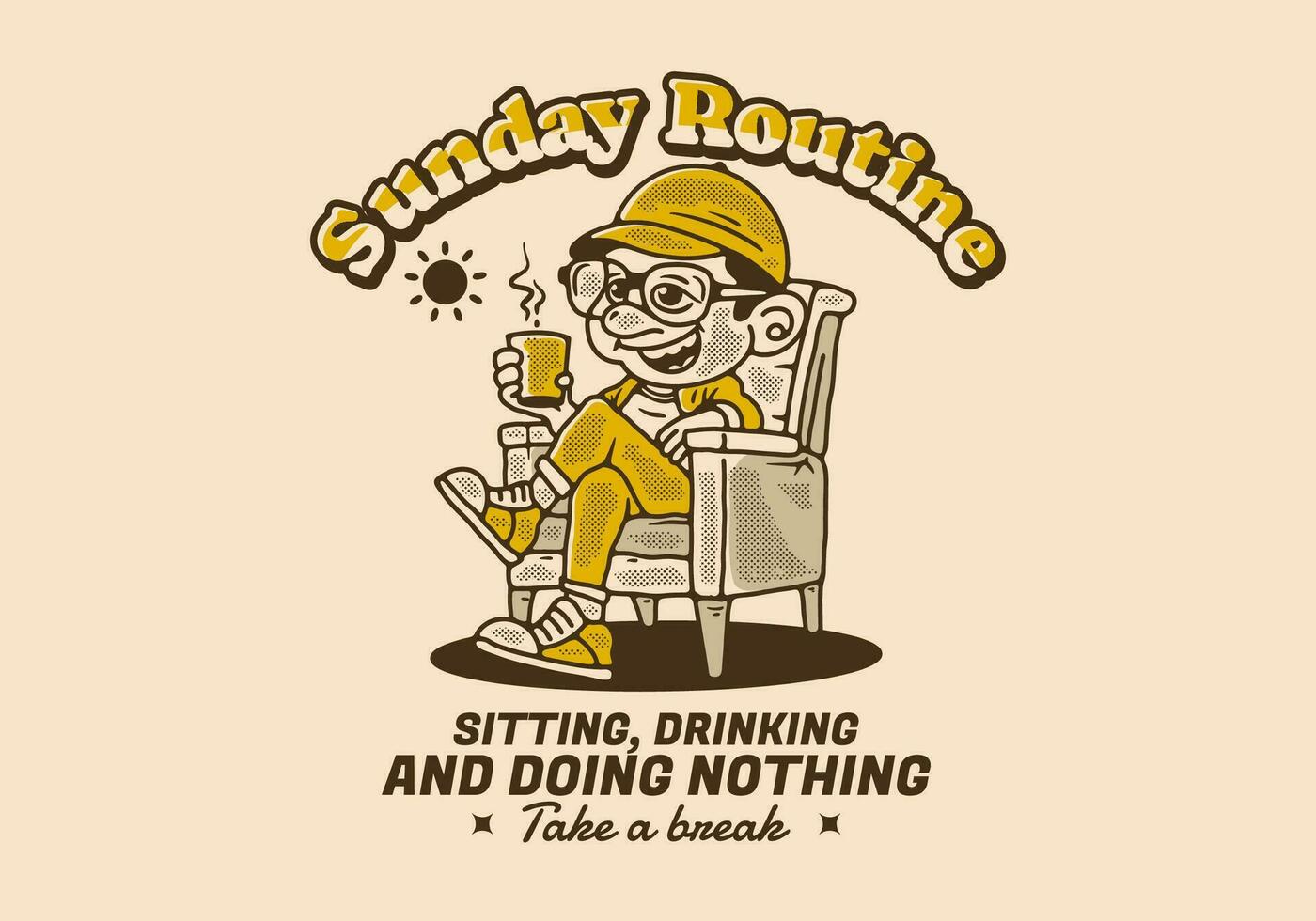 domingo rutina, sentado Bebiendo y haciendo nada, un hombre relajante en un silla y participación un taza de café vector