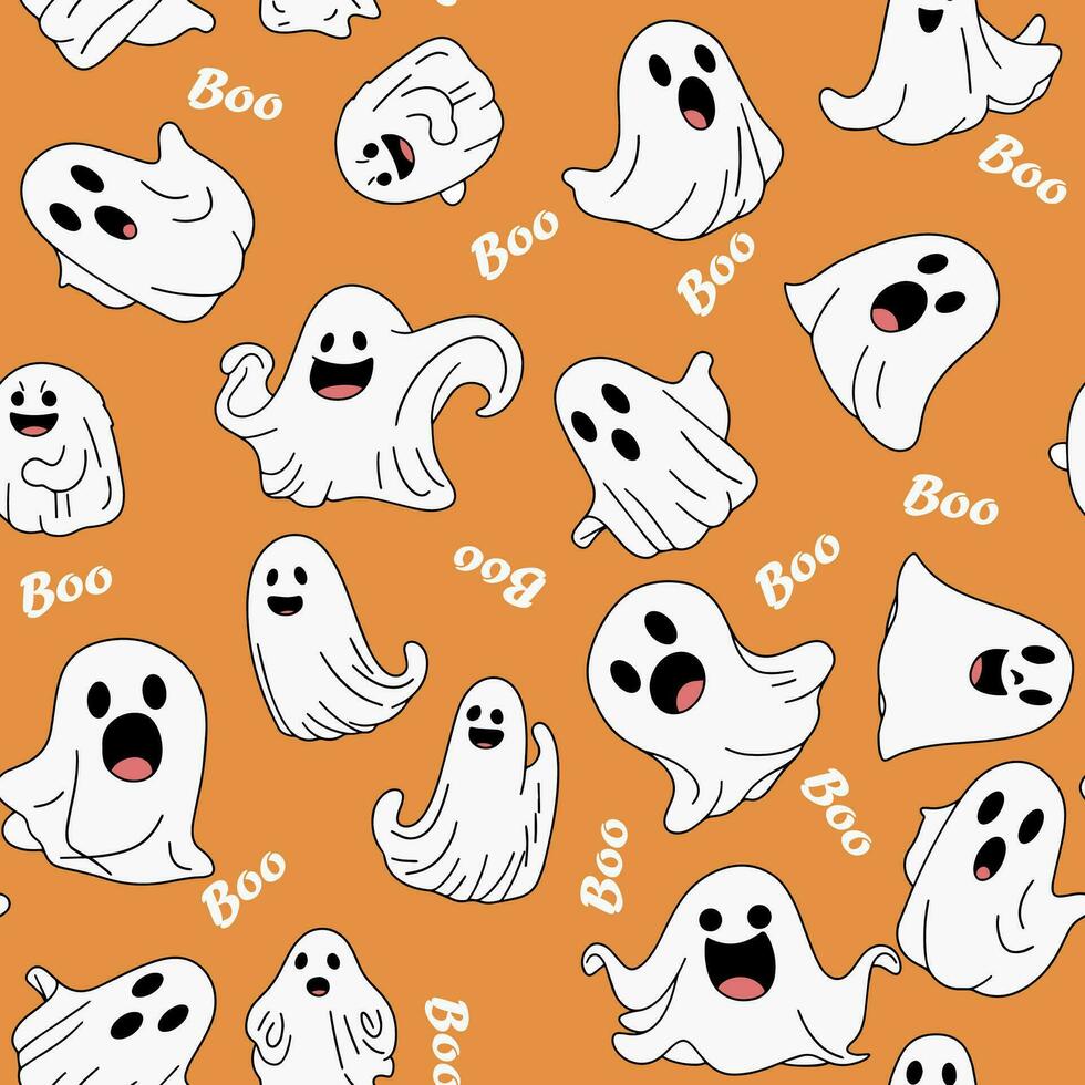 Seamless pattern for Halloween. Ghost seamless pattern on orange color. Hand drawn doodle cute ghost. Vector illustration.