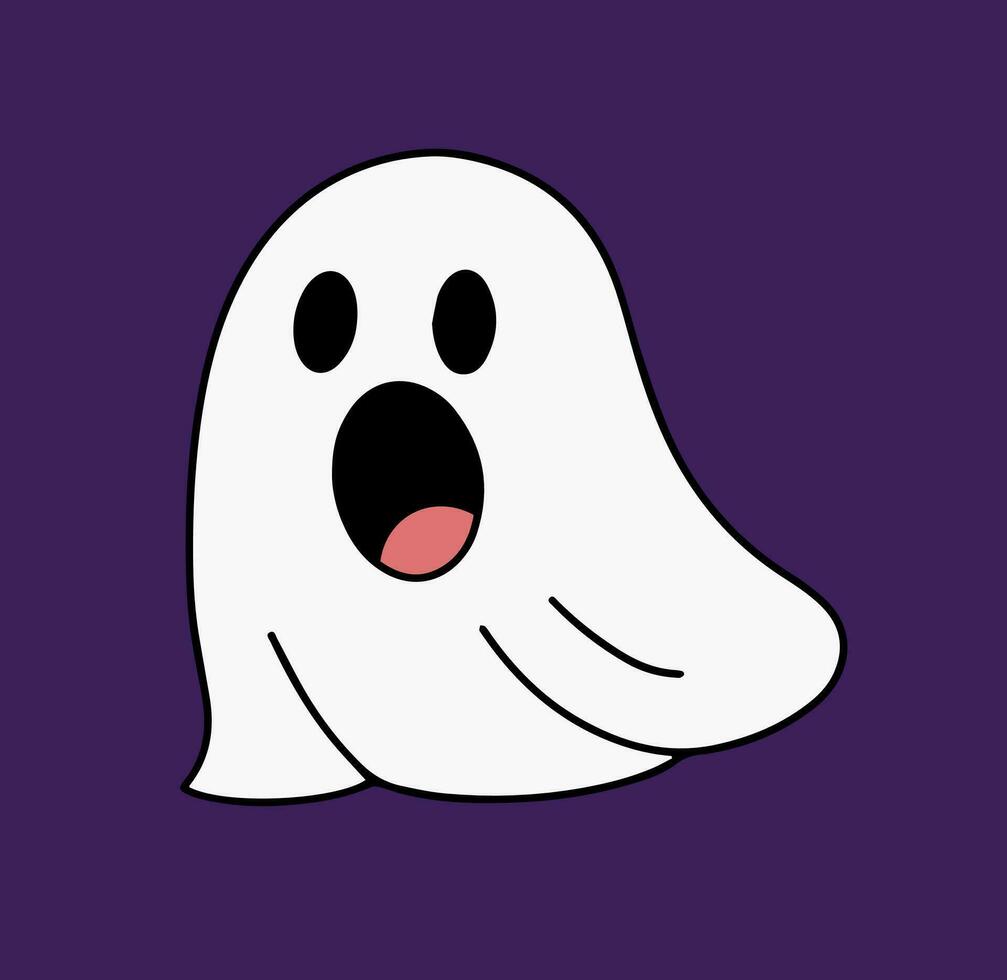 Cute ghost in doodle style isolated on dark background. Vector illustration. Halloween decor.