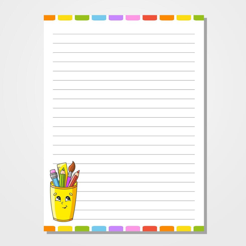 Sheet template for notebook, notepad, diary. Lined paper. Cute character. With a color image. Isolated vector illustration. cartoon style.