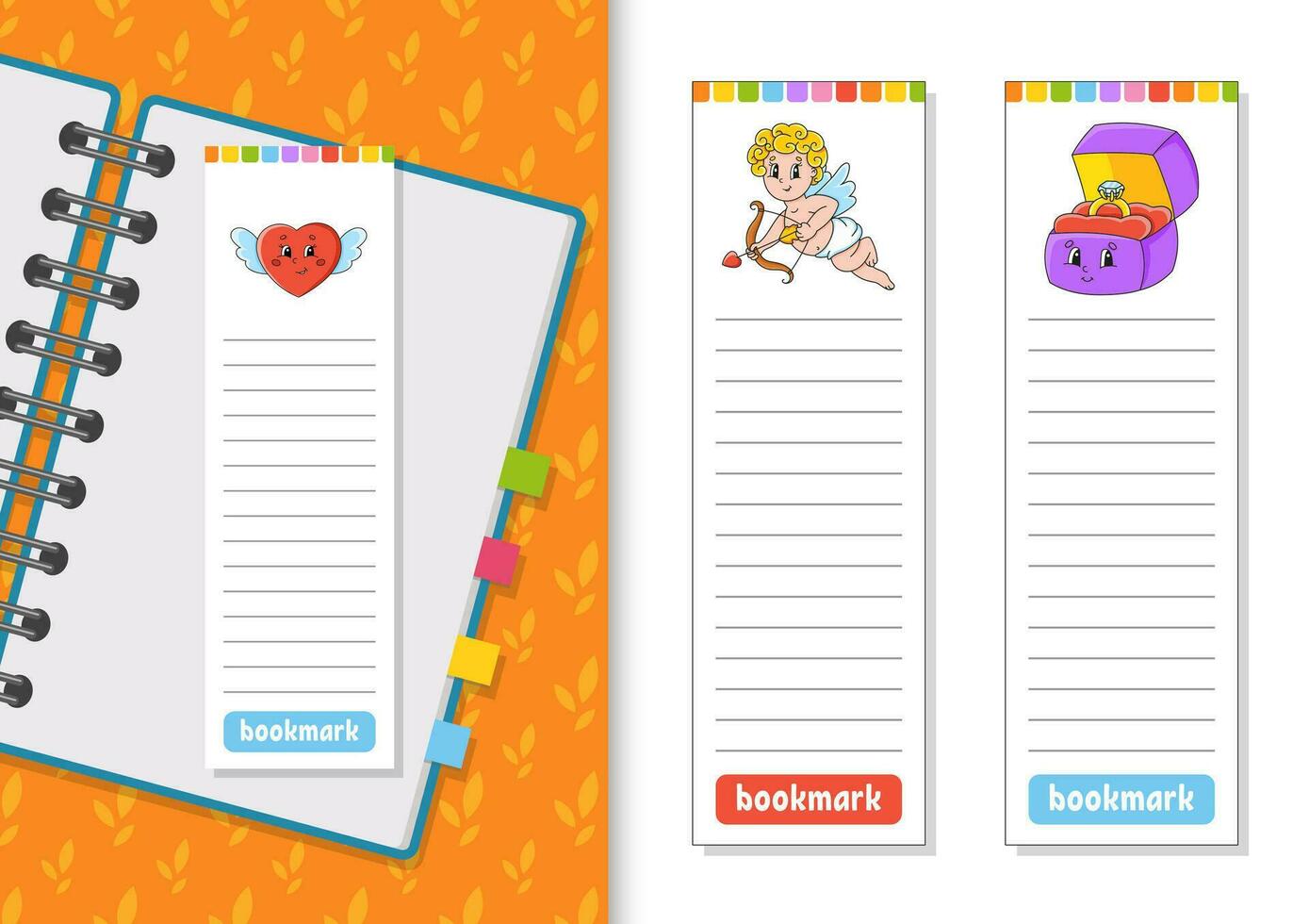 Set of paper bookmarks for books with cute cartoon characters. For kids. Isolated on white background. Vector illustration.