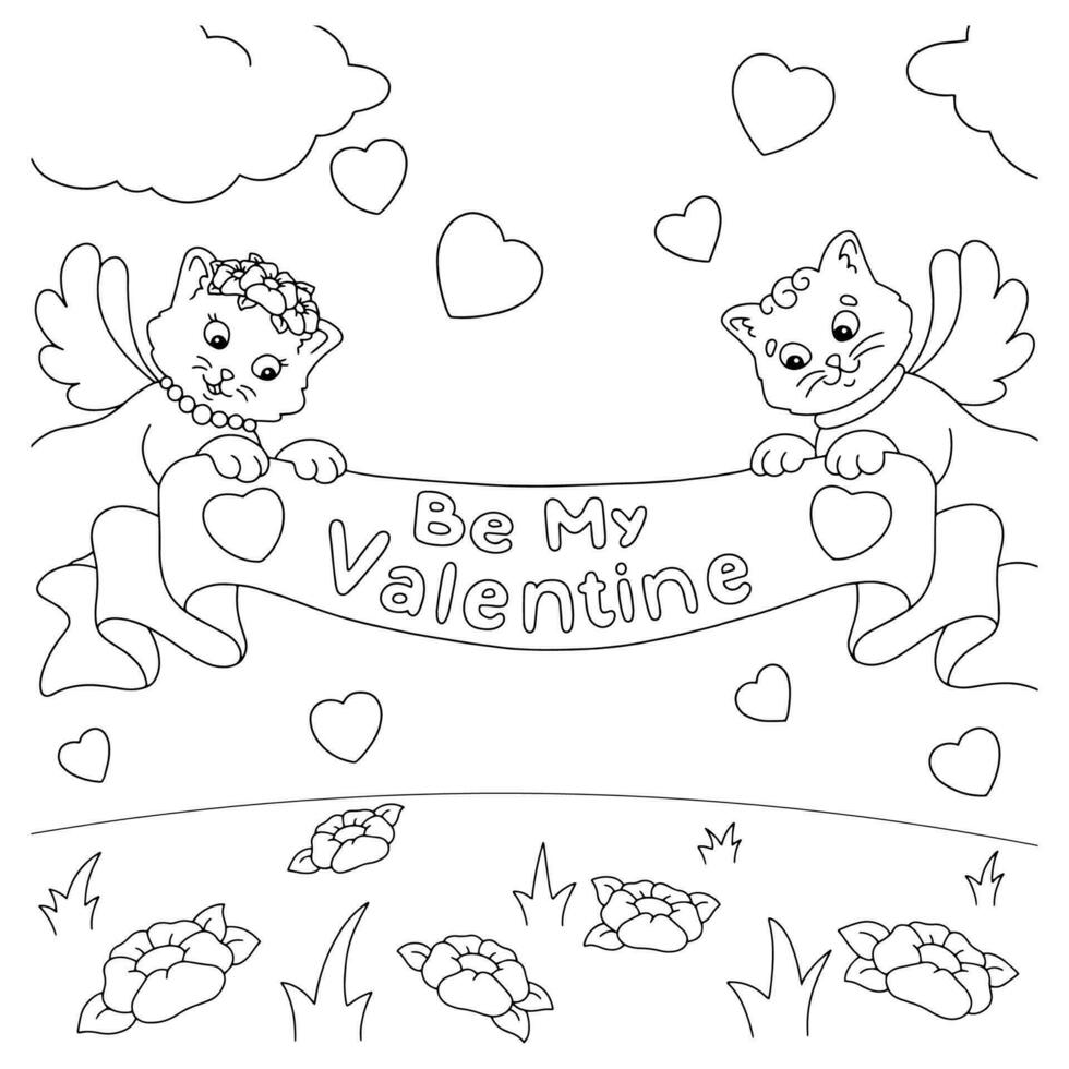 A couple of cats are holding a congratulations ribbon. Coloring book page for kids. Valentine's Day. Cartoon style character. Vector illustration isolated on white background.