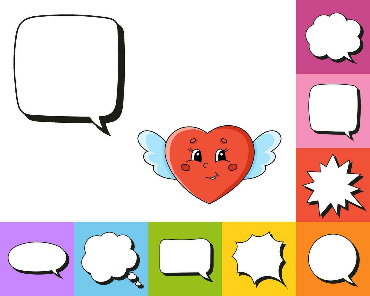 Speech bubble of different shape. With a cute cartoon character. Hand drawn. Thinking balloons. Isolated on white background. Vector illustration.