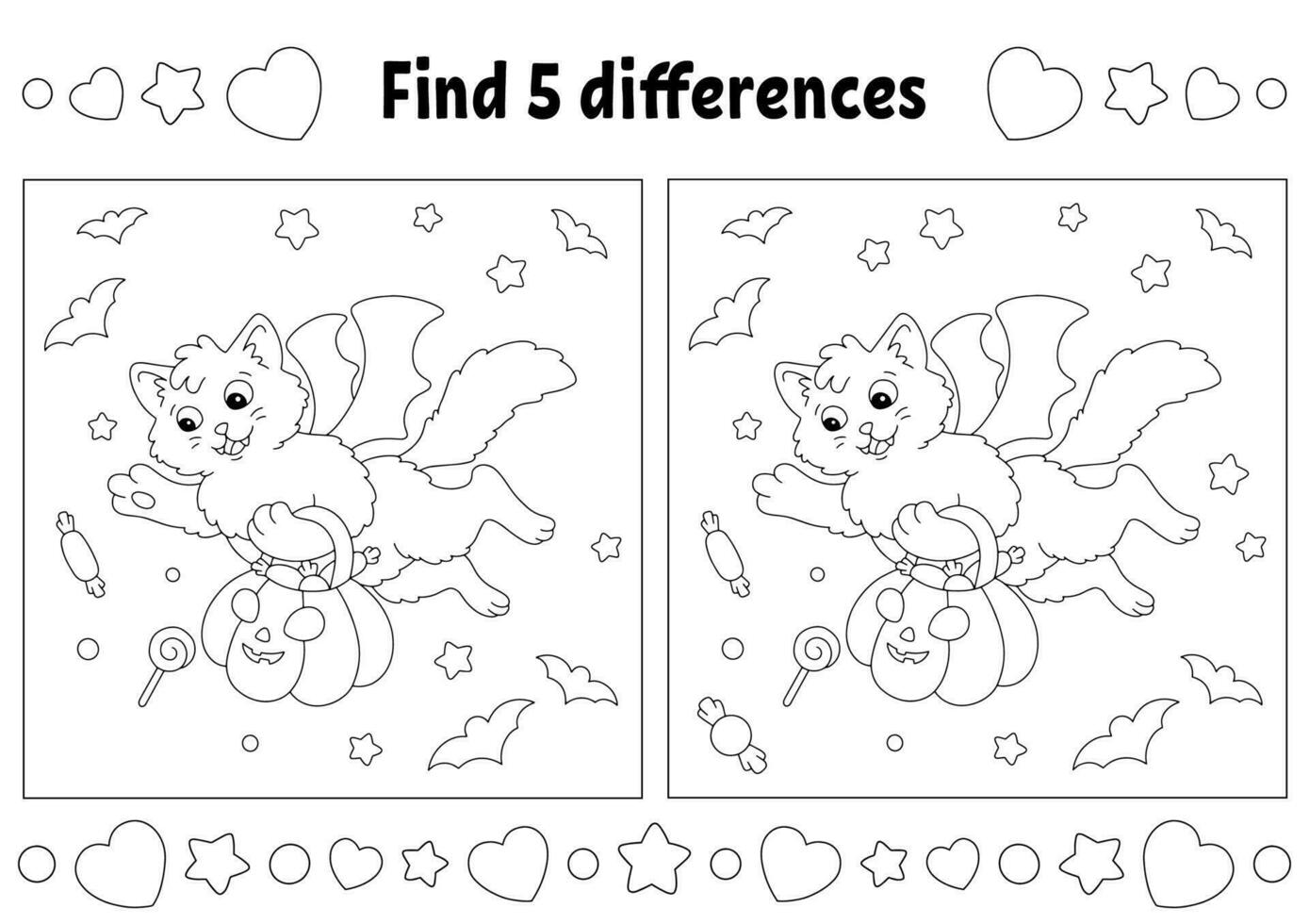 Find five differences. Coloring page for kids. Halloween theme. Activity worksheet for children. Vector illustration isolated on white background.