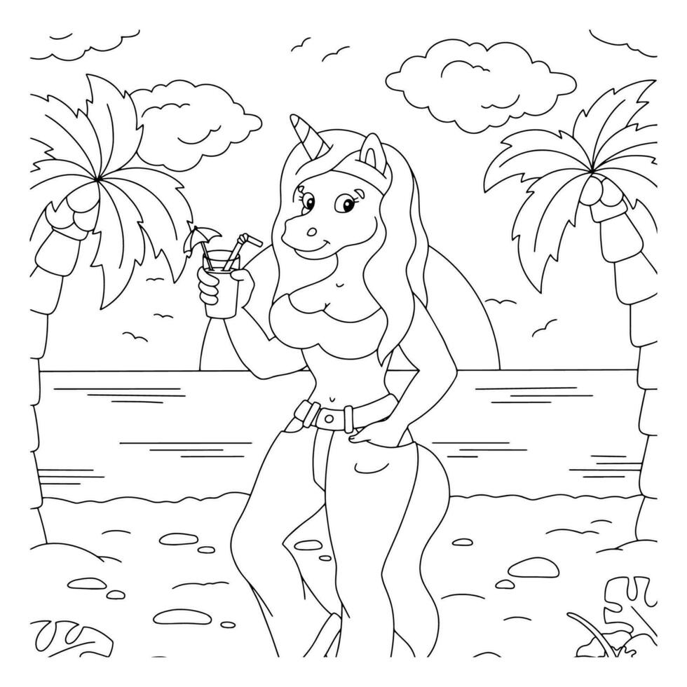 The unicorn is resting on the beach. Coloring book page for kids. Cartoon style character. Vector illustration isolated on white background.