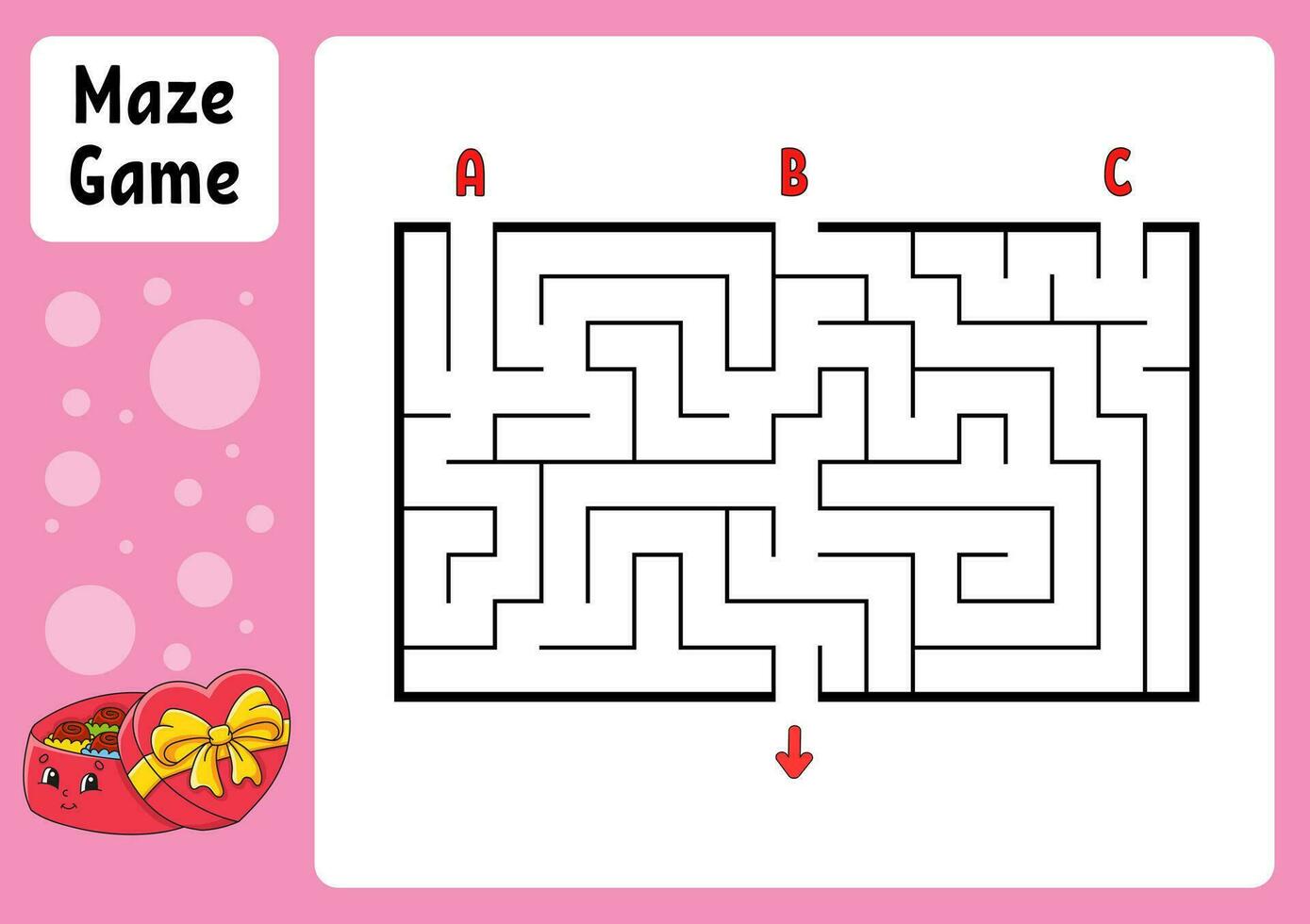 Rectangle maze. Game for kids. Three entrances, one exit. Education worksheet. Puzzle for children. Labyrinth conundrum. Find the right path. cartoon character. Vector illustration.