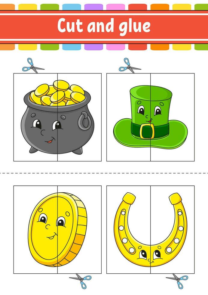 Cut and play. Paper game with glue. Flash cards. Education worksheet. Activity page. St. Patrick's Day. Isolated vector illustration. cartoon style.