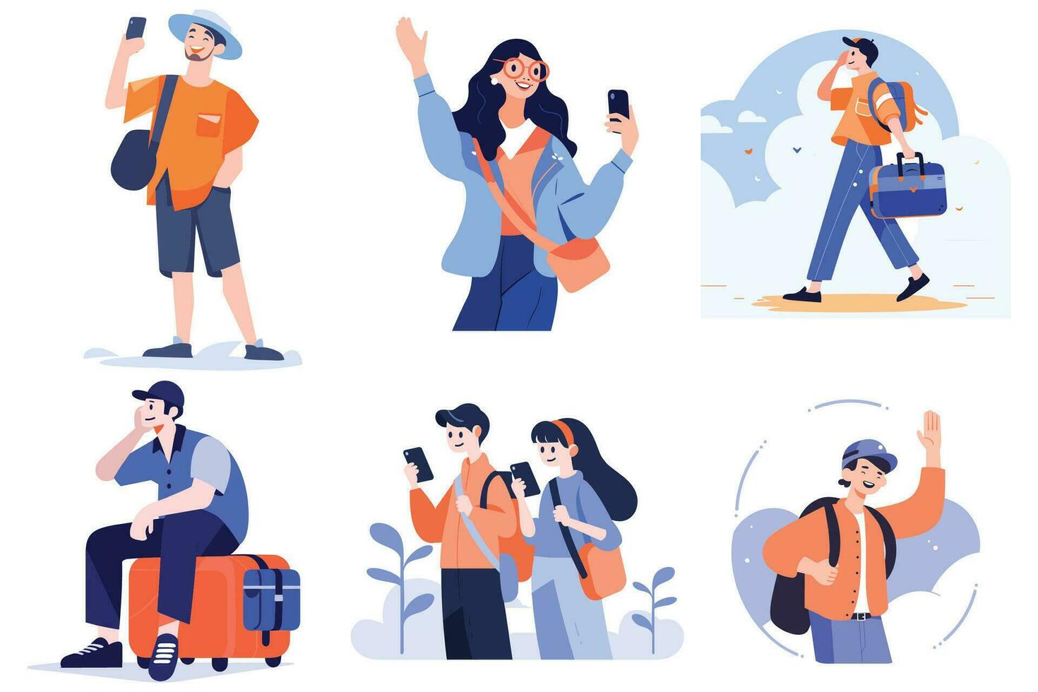 Hand Drawn Tourist is traveling and taking photos happily in flat style vector