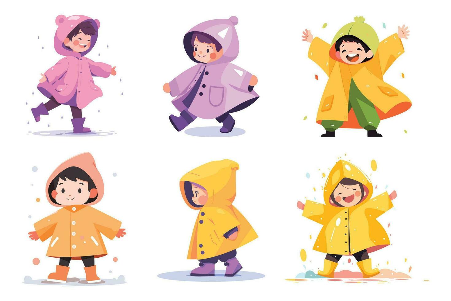 Hand Drawn A child in a raincoat showing a joyful expression that it is raining in flat style vector
