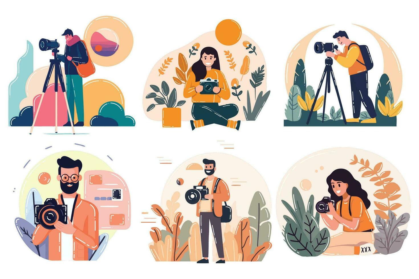 mano dibujado turista es de viaje y tomando fotos felizmente en plano estilo vector