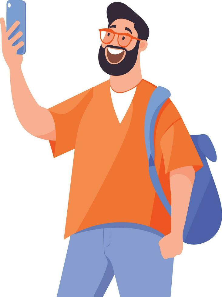 Hand Drawn Tourist is traveling and taking photos happily in flat style vector