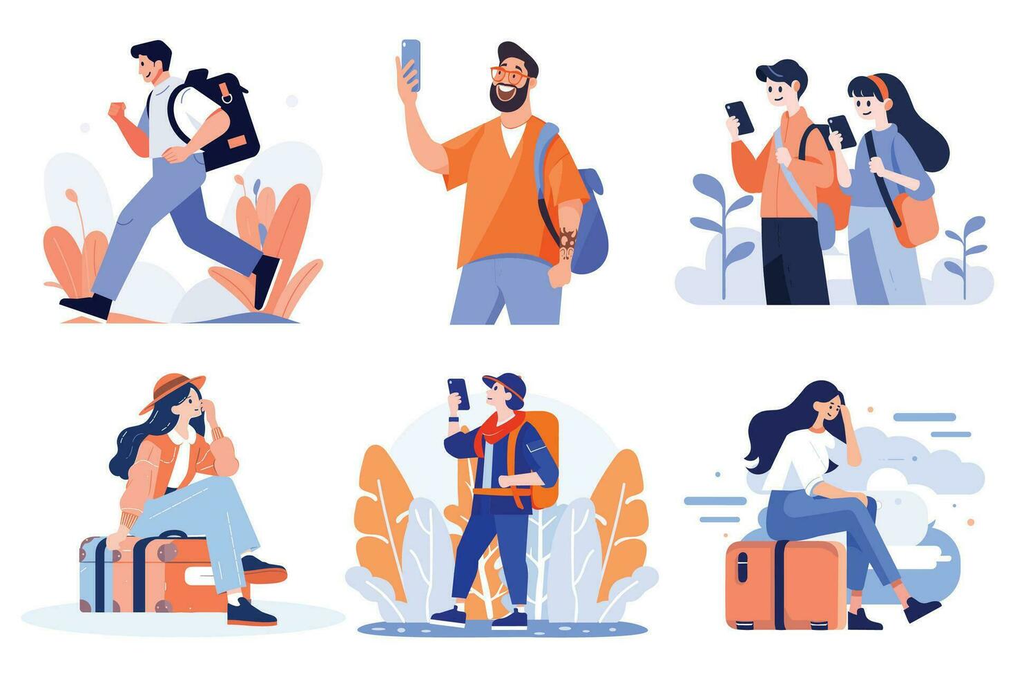 Hand Drawn Tourist is traveling and taking photos happily in flat style vector