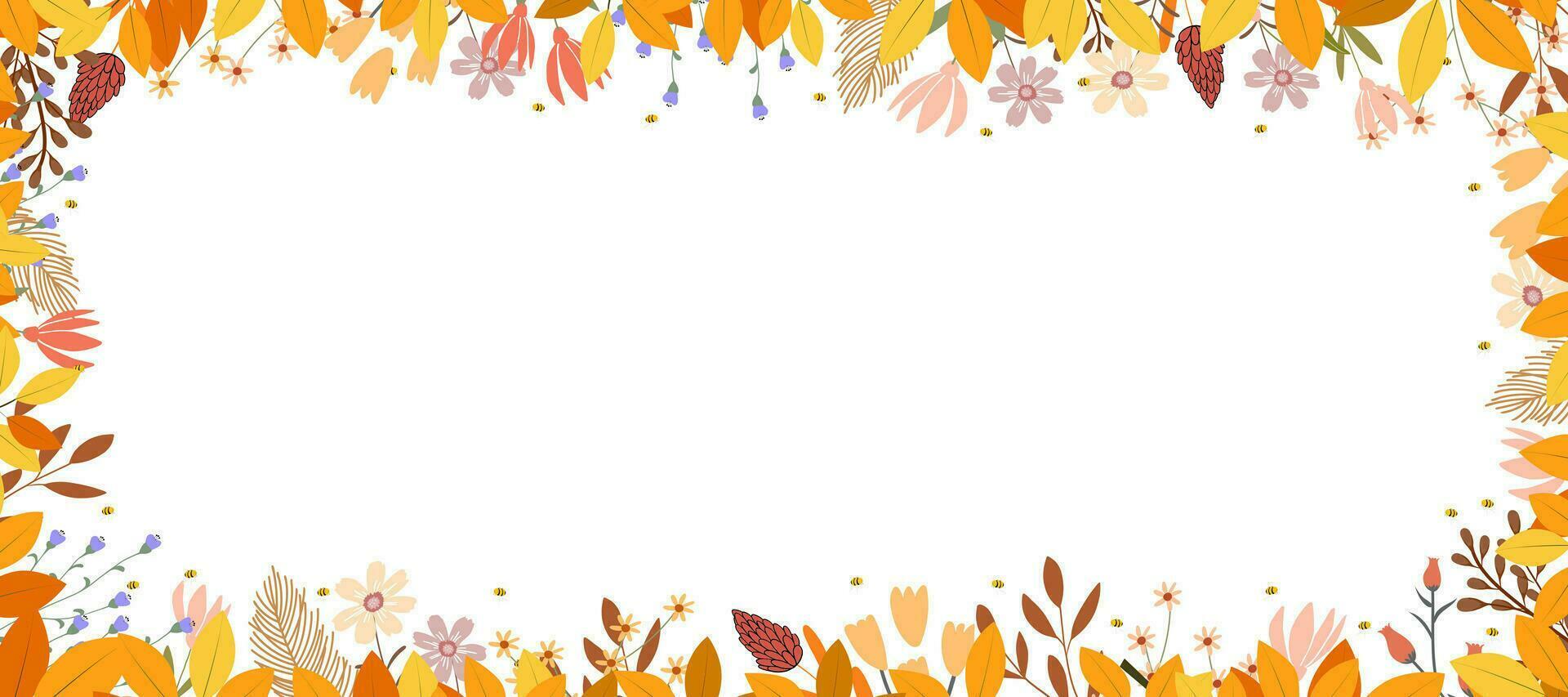 Autumn leaves and flower border on white background,Fall season banner with cute colourful wild flowers and leaves frame,Vector  backdrop background for Thanksgiving,Harvest Day vector