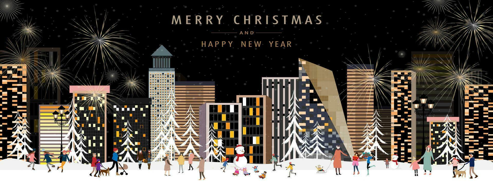 Winter city landscape people celebrating on Christmas night or New Year,Vector horizontal banner winter wonderland with firework on daek sky in the town with happy kids playing in the park vector