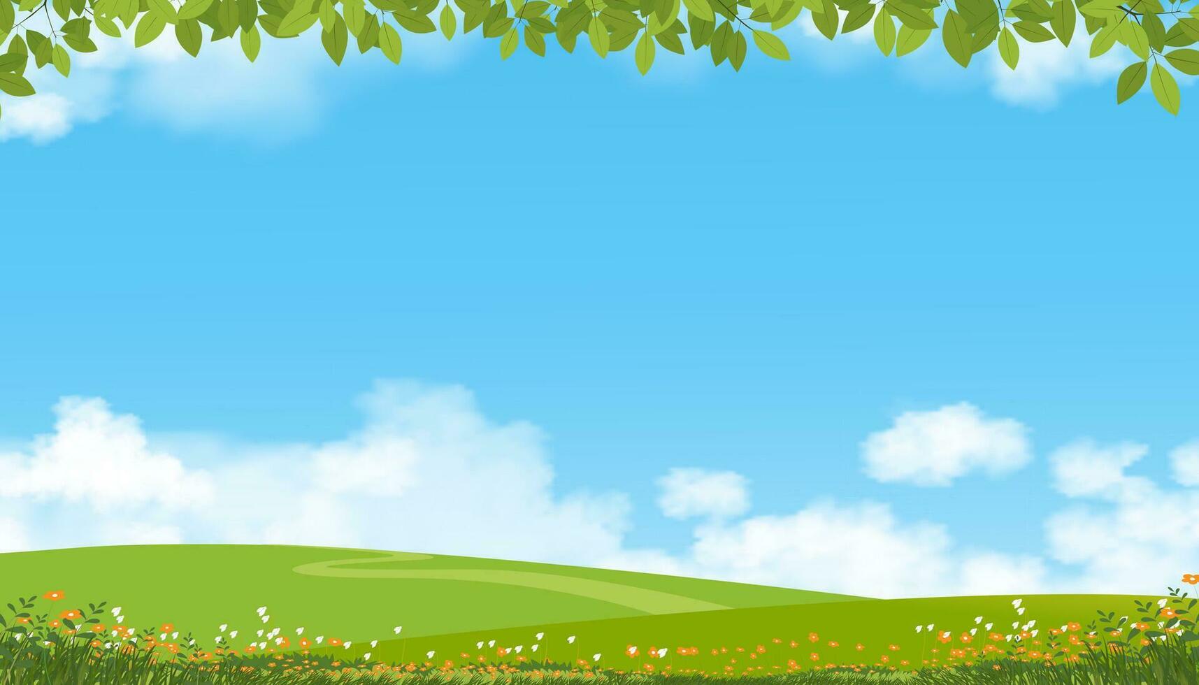 naturaleza primavera campo paisaje, verde campo,nube,verano cielo, natural horizonte rural escena con verde prado y flor en colinas en soleado día,bandera para comensal, ambiente día antecedentes vector