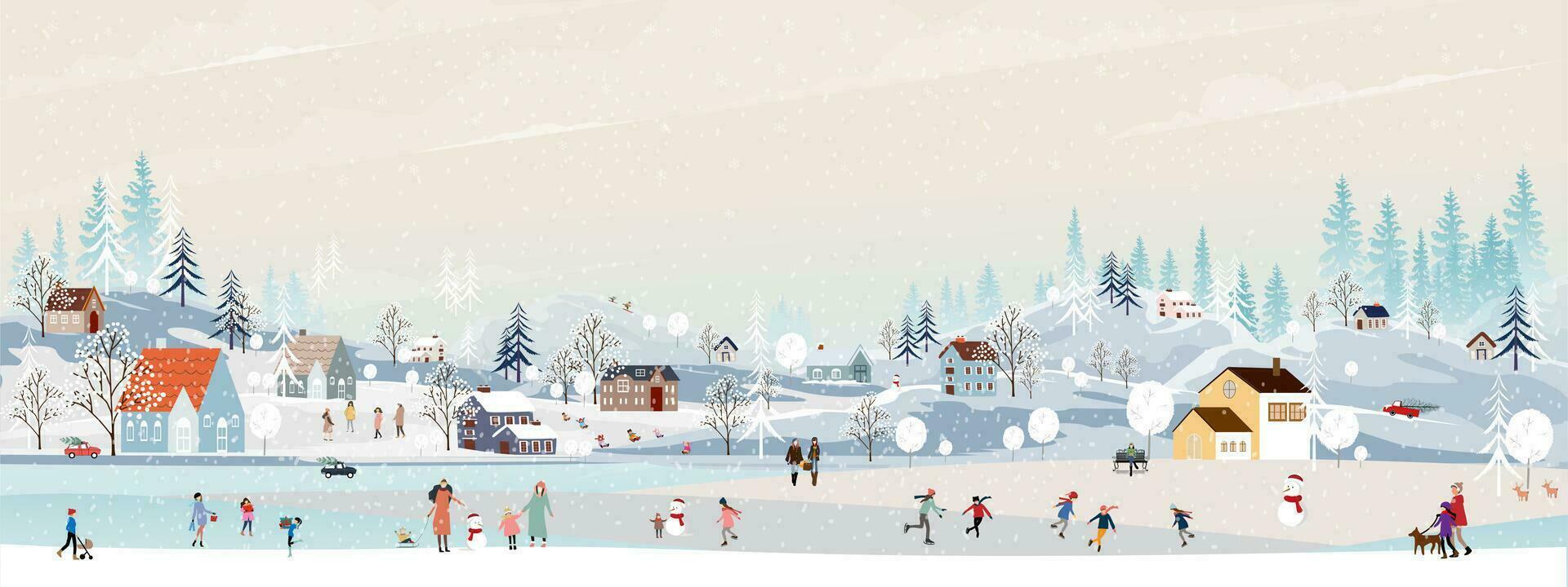 Navidad fondo invierno paisaje en Navidad víspera a noche en ciudad, vector linda dibujos animados invierno mundo maravilloso en el pueblo, gente celebracion en el parque en nuevo año,bandera diseño para fiesta temporada