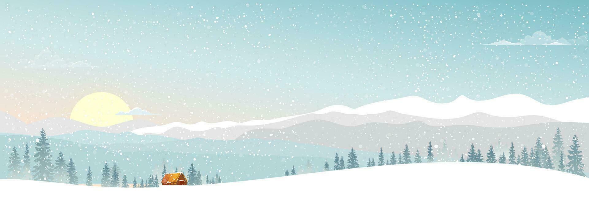 invierno paisaje con madera granero,nieve,montañas,bosque árbol con azul cielo y nube, vector bandera dibujos animados horizonte natural escena para nuevo año navidad fondo web pancarta, calendario portada,saludo tarjeta