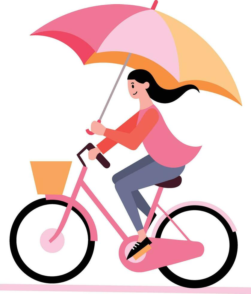 Hand Drawn beautiful woman riding a bicycle and holding an umbrella in flat style vector