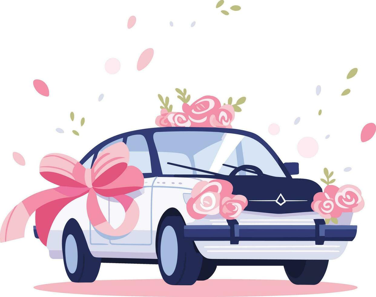 mano dibujado Boda coche con flores en plano estilo vector