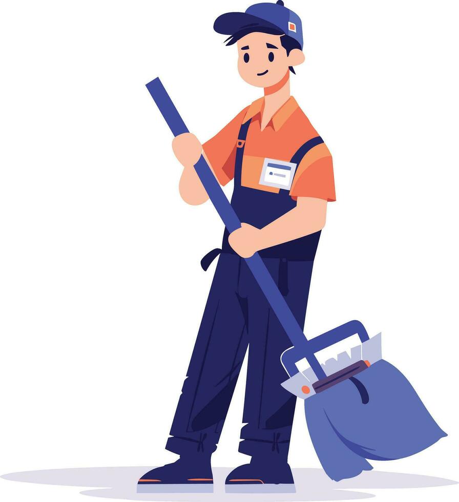 Hand Drawn happy cleaning staff is cleaning the floor in flat style vector