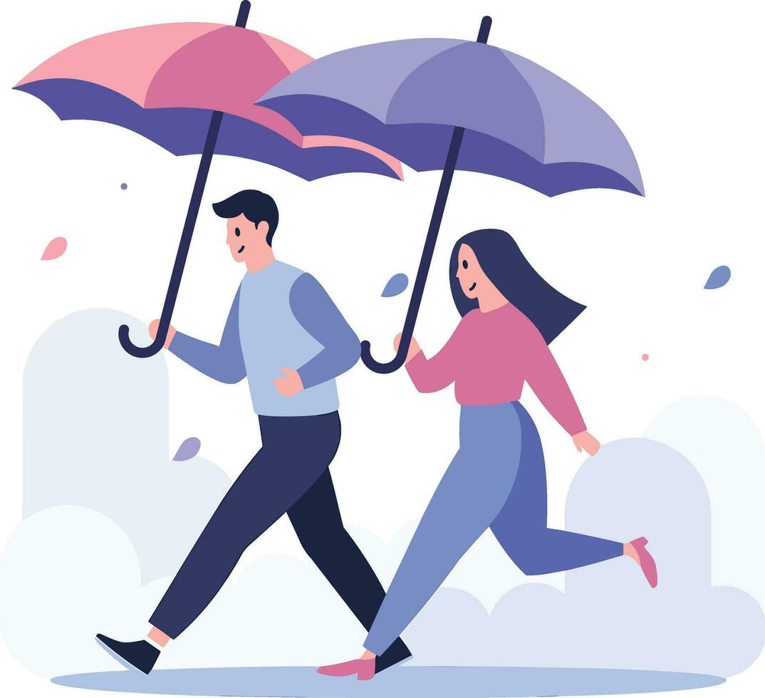 Hand Drawn couple holding umbrellas in the rain in flat style vector