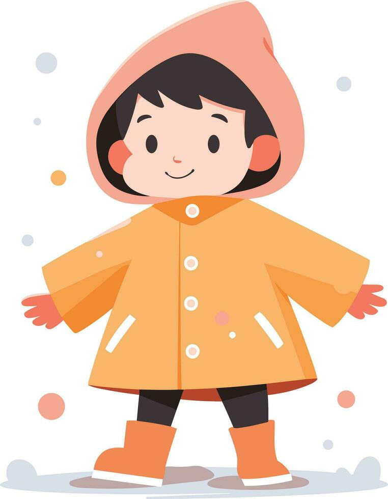 mano dibujado un niño en un impermeable demostración un alegre expresión ese eso es lloviendo en plano estilo vector