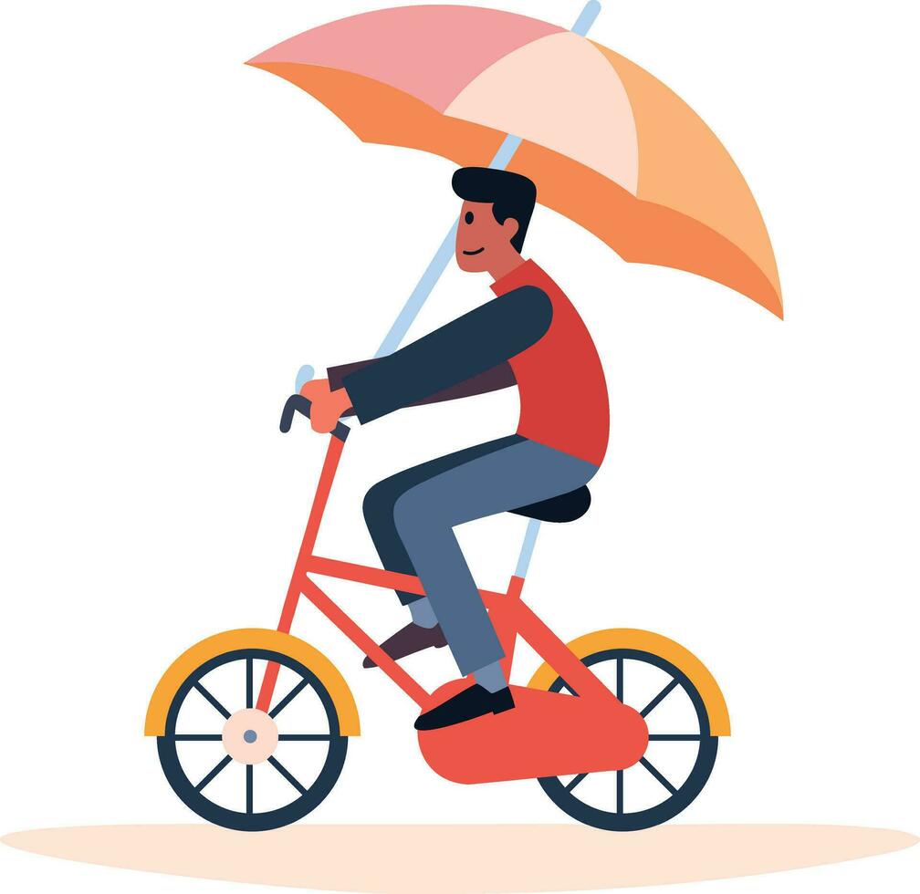 Hand Drawn man riding a bicycle and holding an umbrella in flat style vector