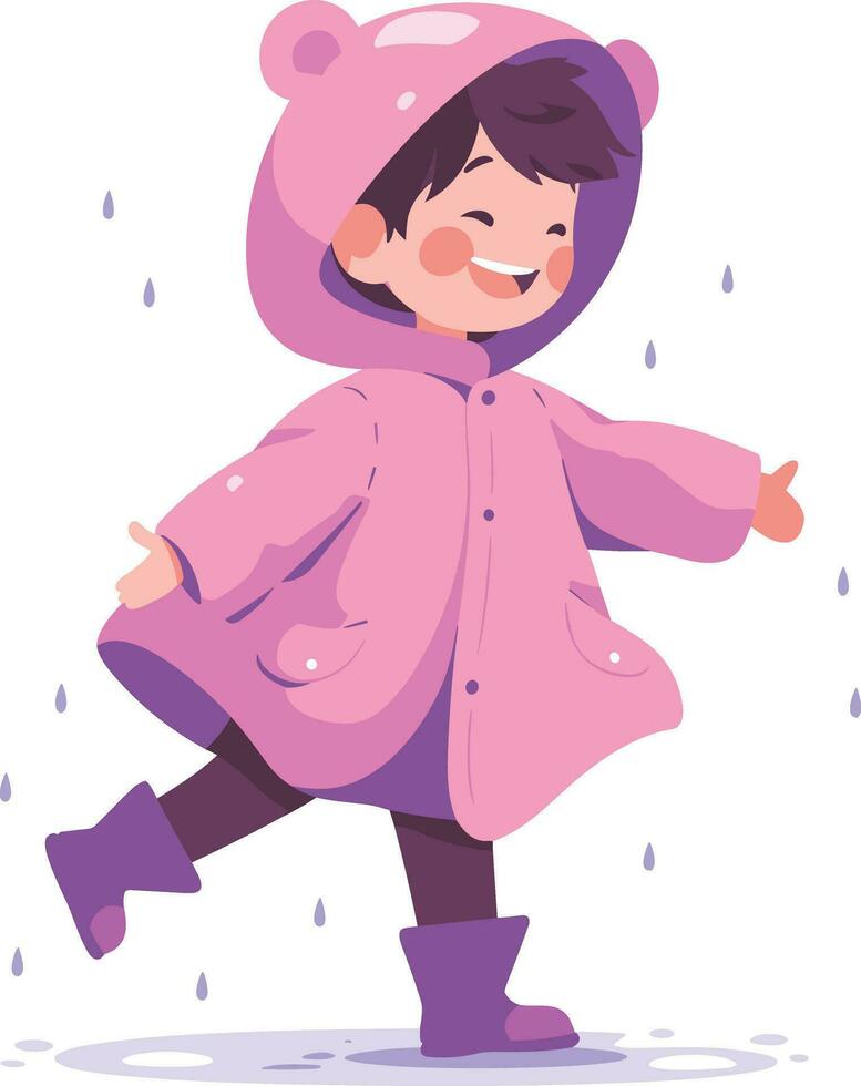 mano dibujado un niño en un impermeable demostración un alegre expresión ese eso es lloviendo en plano estilo vector