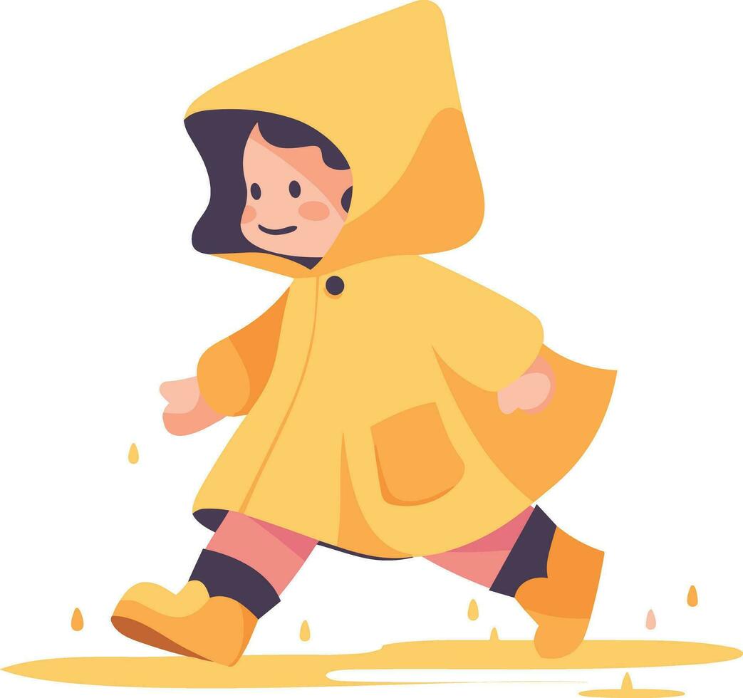 Hand Drawn A child in a raincoat showing a joyful expression that it is raining in flat style vector