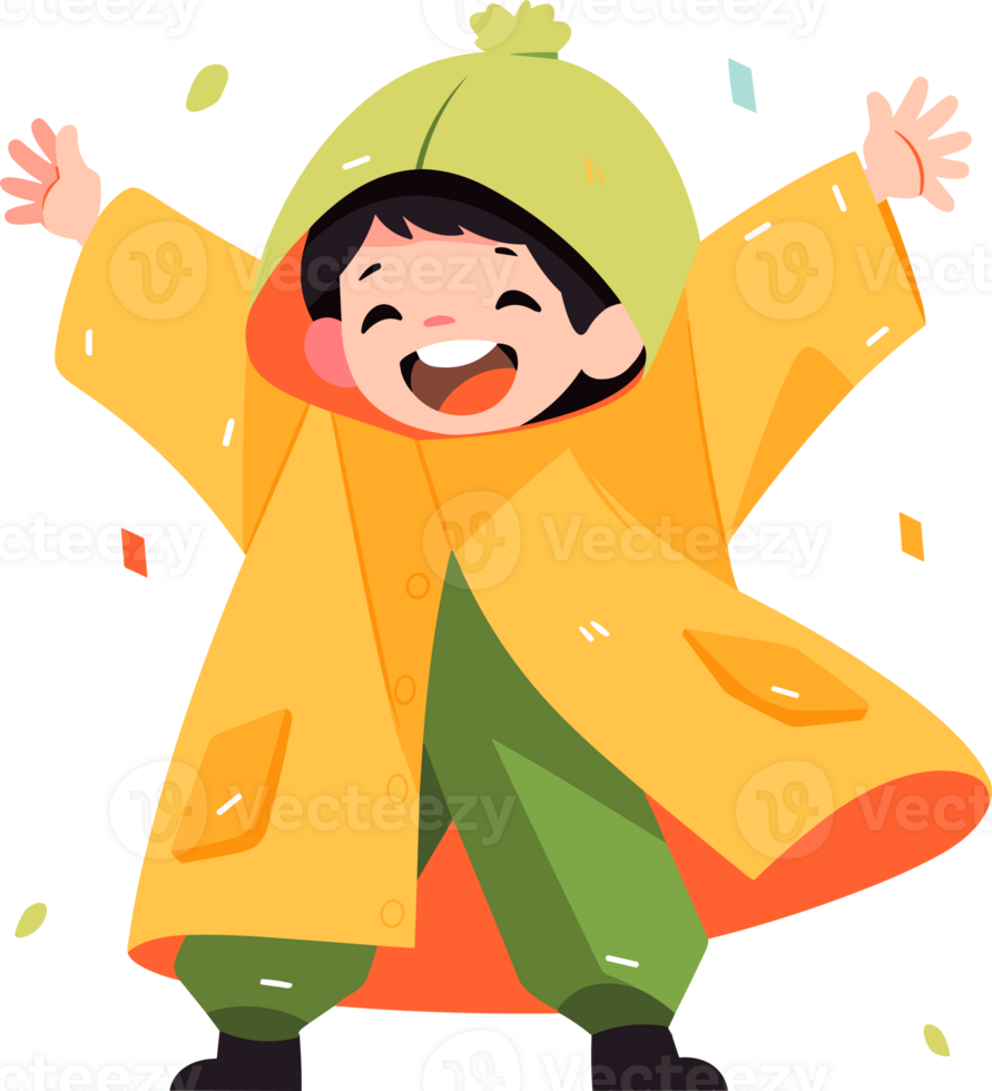 Hand Drawn A child in a raincoat showing a joyful expression that it is raining in flat style png