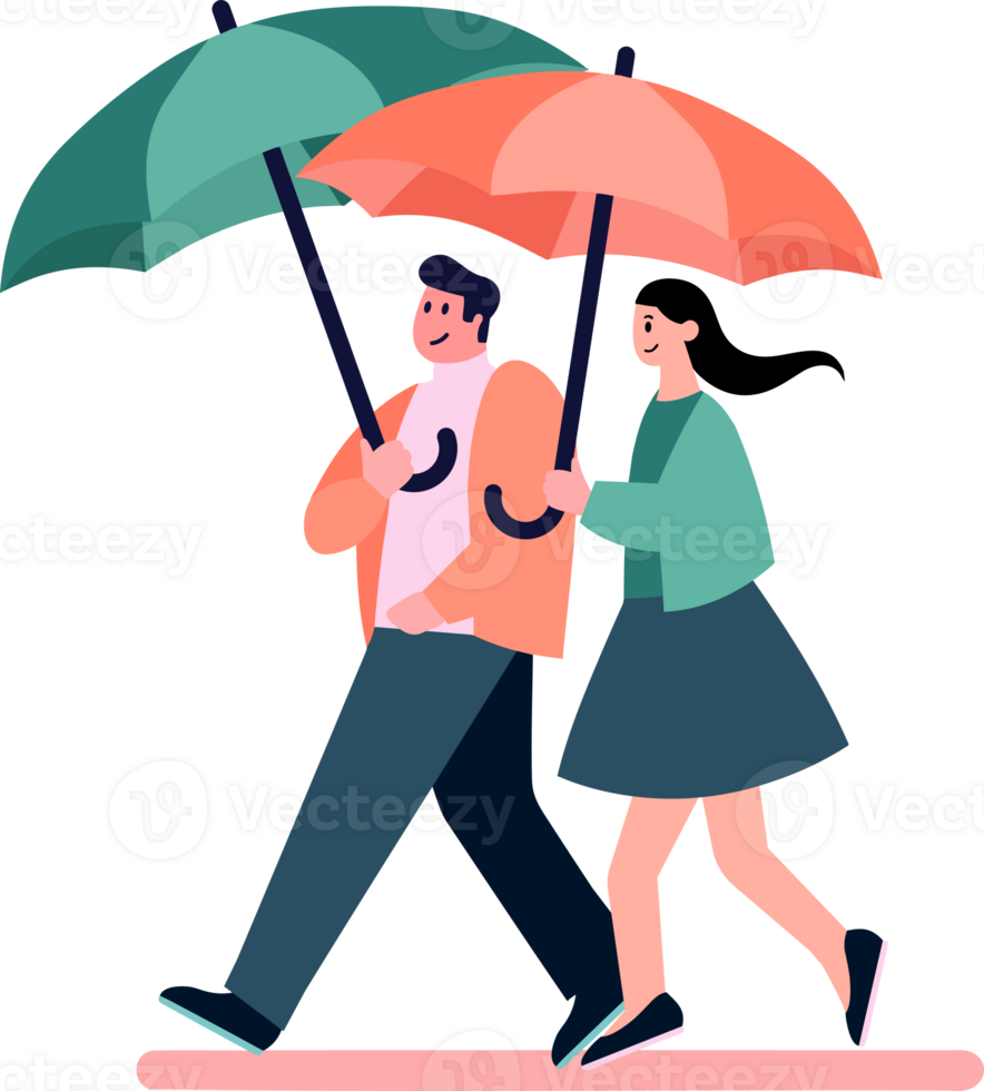 Hand Drawn couple holding umbrellas in the rain in flat style png