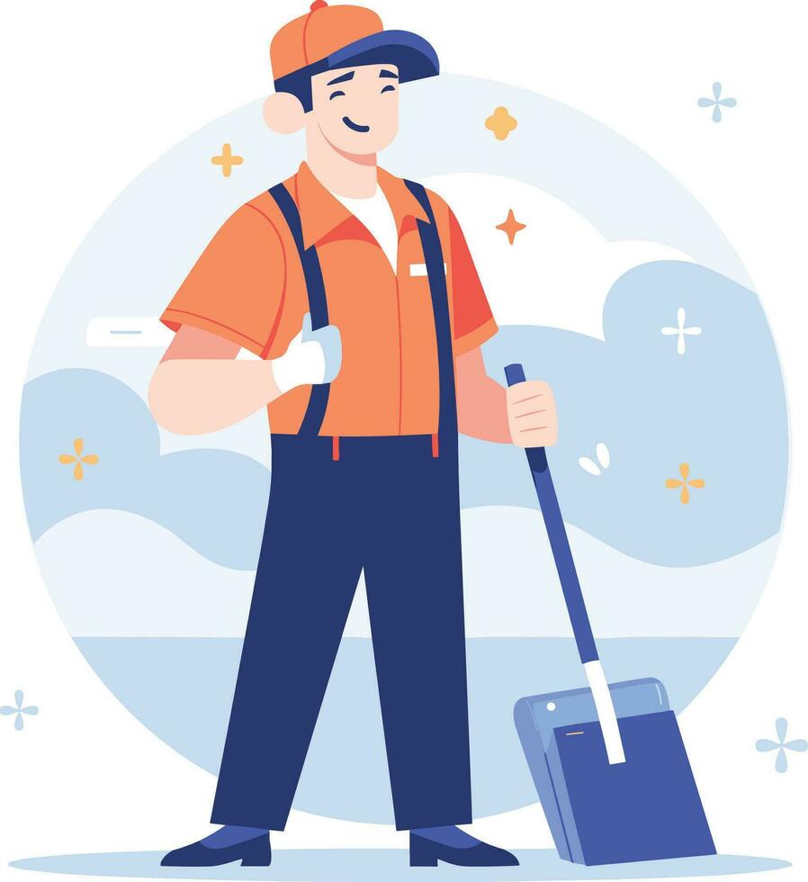 Hand Drawn happy cleaning staff is cleaning the floor in flat style vector