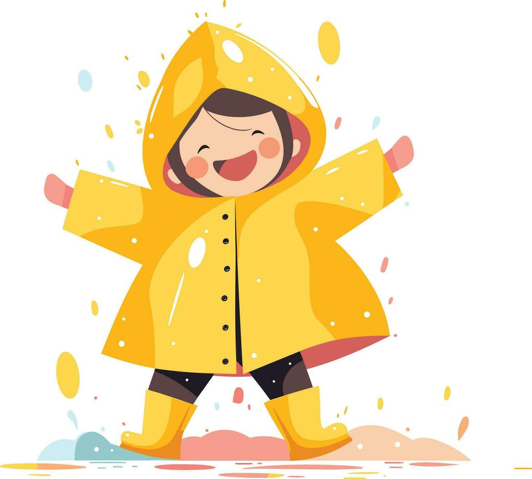 Hand Drawn A child in a raincoat showing a joyful expression that it is raining in flat style vector