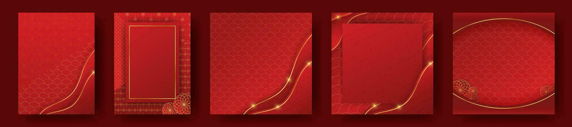 Red and Yellow Lunar New Year Template Design Set. Beautiful oriental background posters, greeting cards, social media story. Editable Vector Illustration.