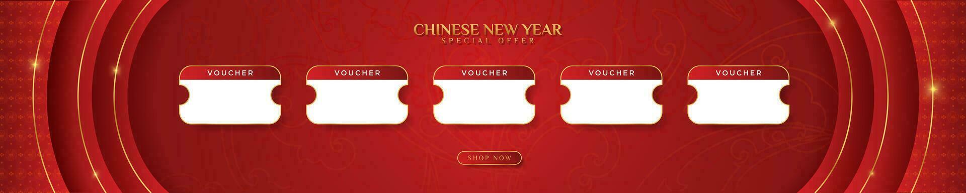 Set of Blank Chinese New Year Discount Voucher templates banner with oriental pattern design elements on red gradient background, shop now CTA button. Vector Illustration. EPS 10