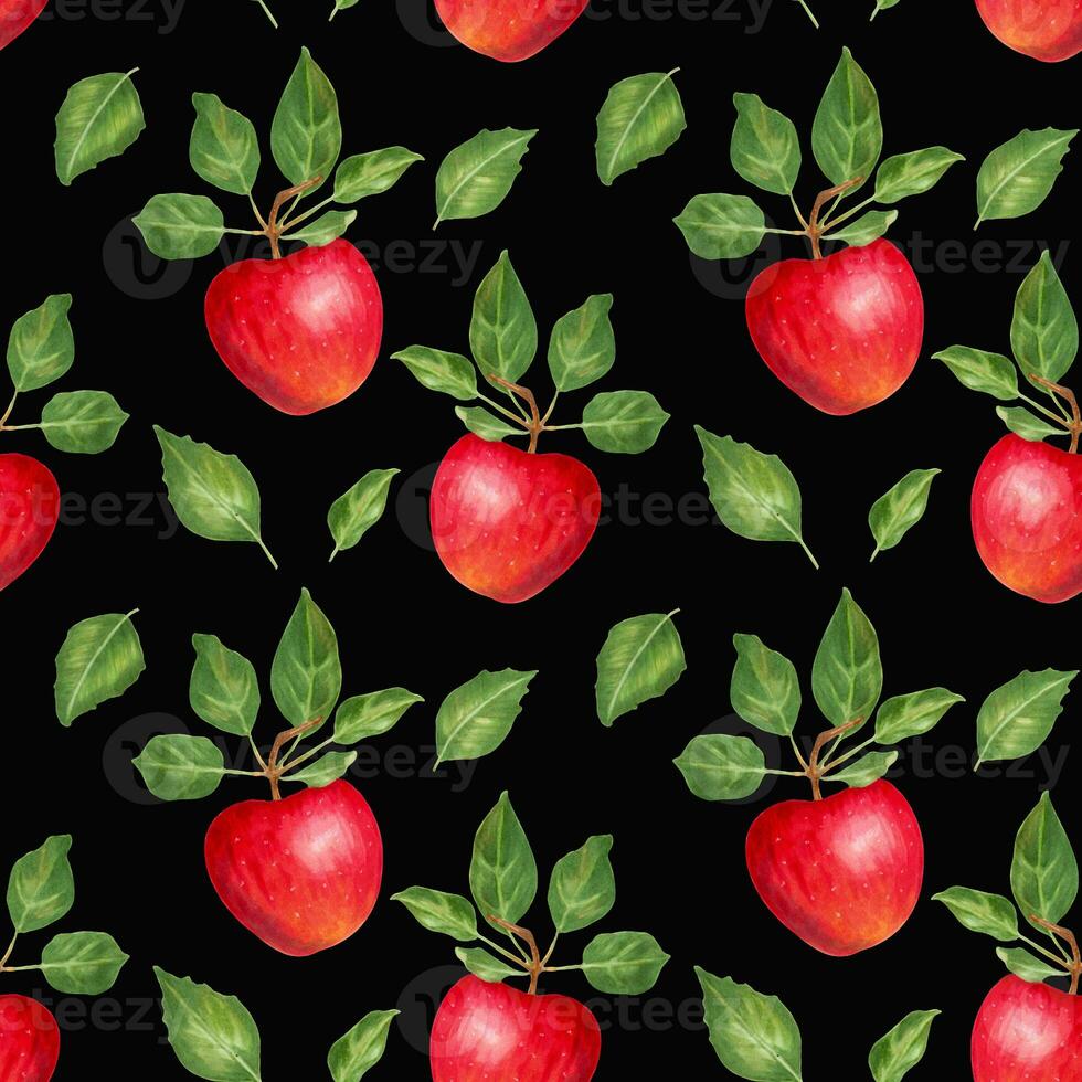 Fruity seamless pattern of red apples and leaves on a black background. Texture for healthy food packaging, printing on fabric, paper. Hand drawn illustration. photo