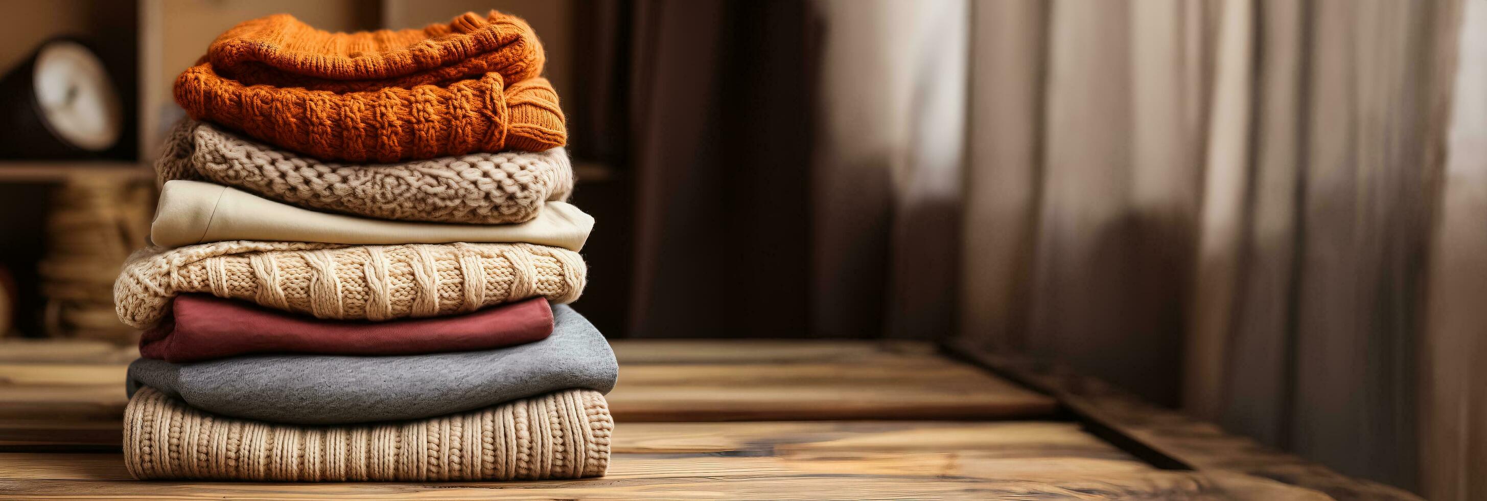 Autumn warm stack of sweaters photo