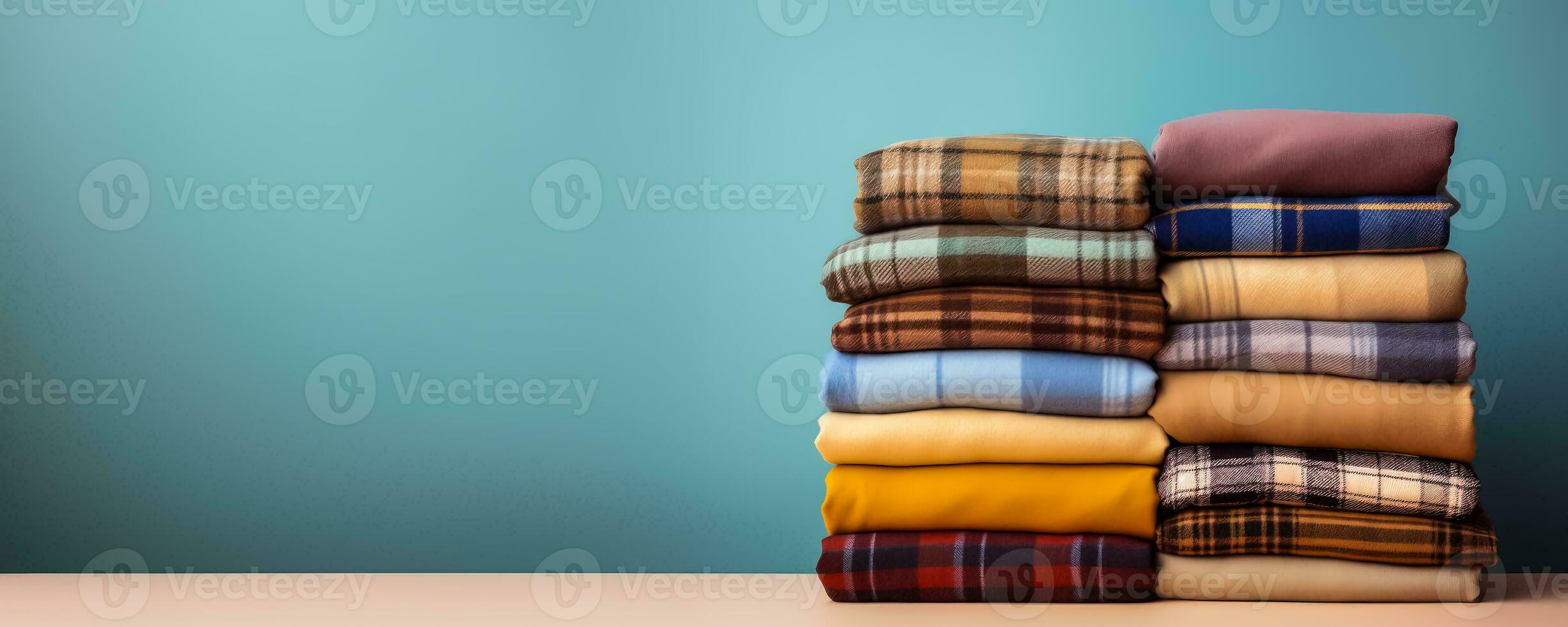 Stack of plaids isolated on pastel background photo