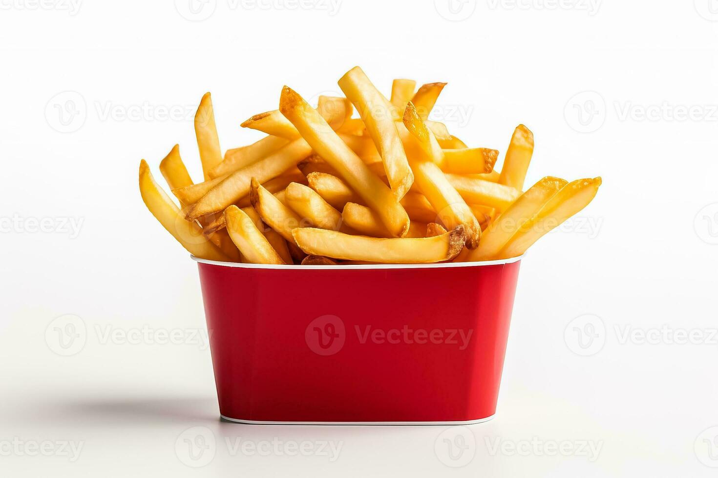 French fries in a special fast food red box isolated on white background photo