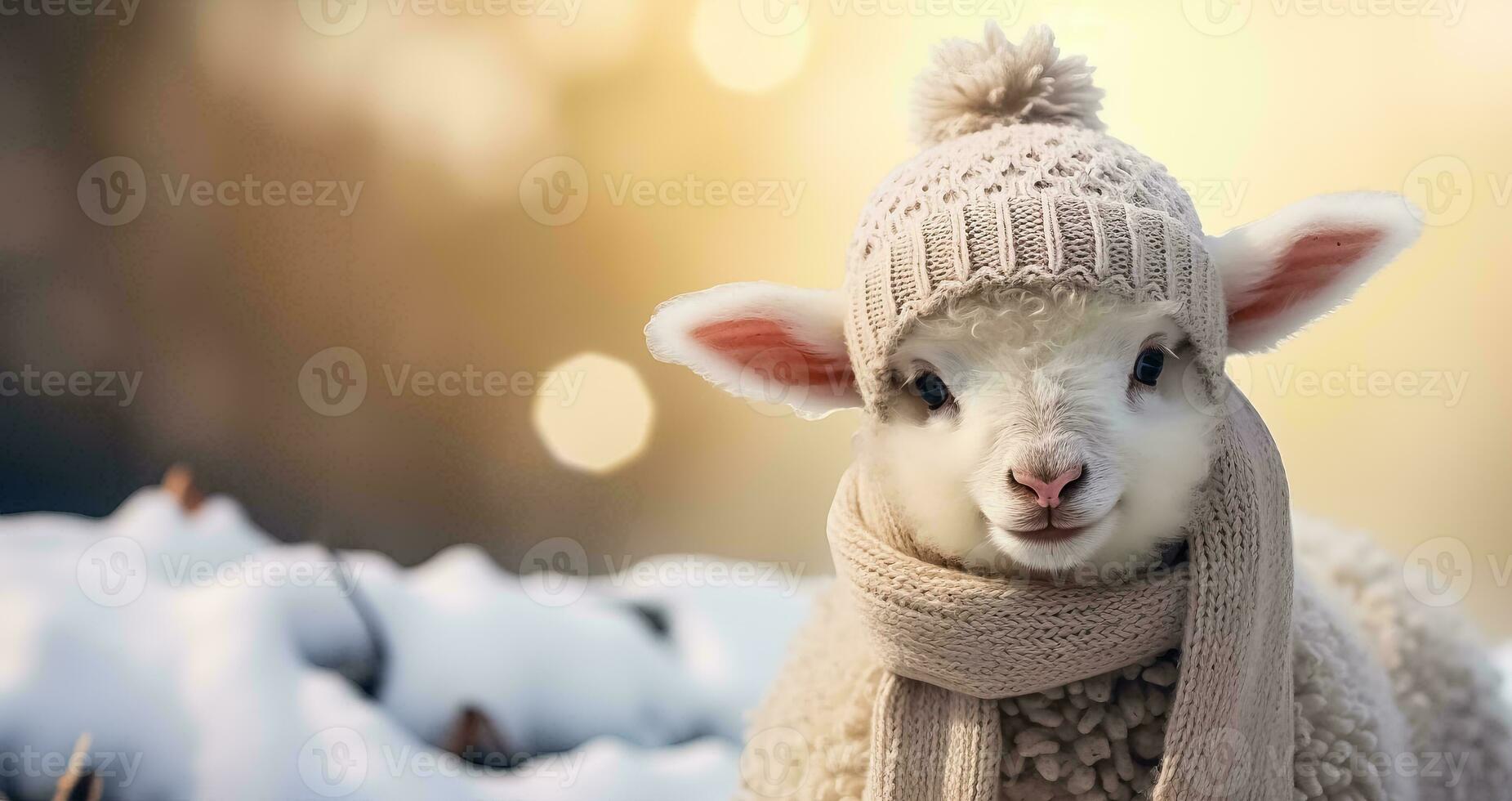 Cute sheep wearing knitted scarf and beanie adds a touch of humor to the cold winter weather photo
