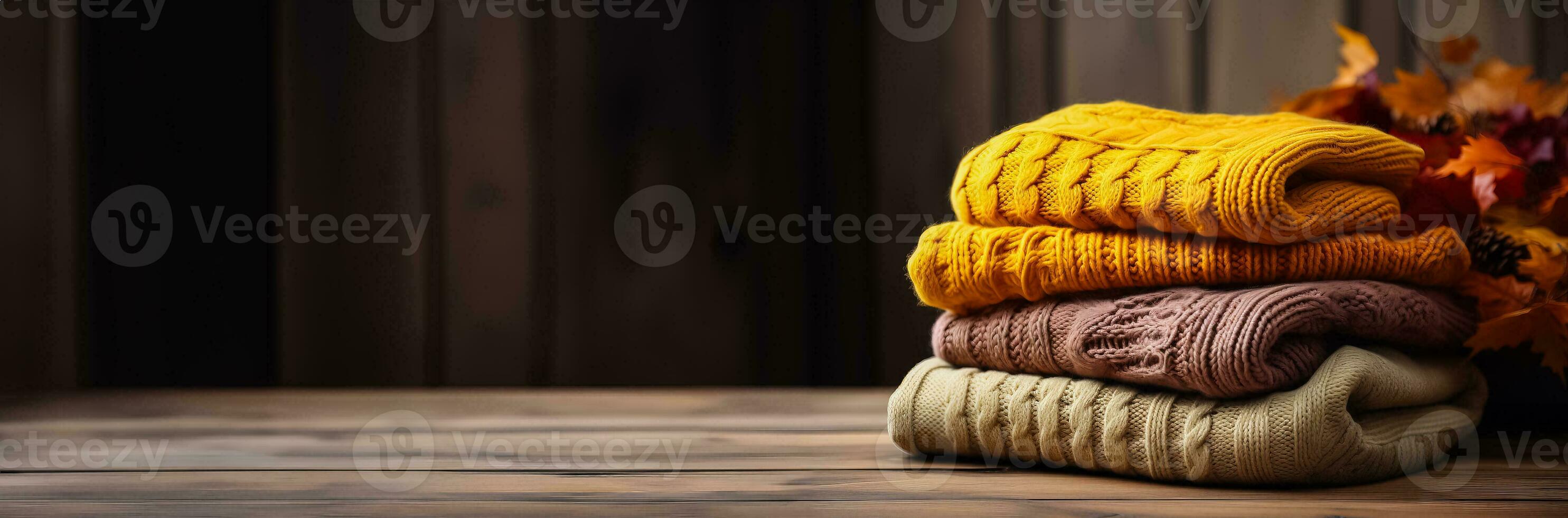 Autumn warm stack of sweaters photo